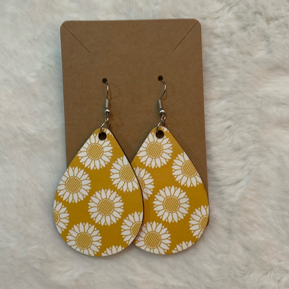 Geometric Yellow Sunflower Wooden Earrings